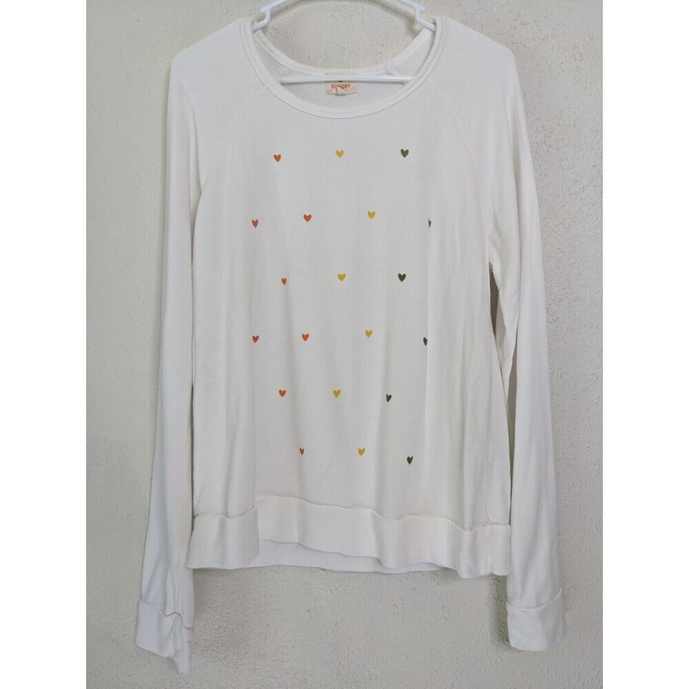 Sundry Womens Size 2 Medium Heart‎ Sweatshirt White Long Sleeve Romantic Crew
